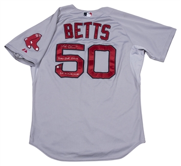 2015 Mookie Betts Game Used, Signed, & Inscribed Boston Red Sox Road Jersey Used To Hit Home Run & Triple With Fathers Day Patch From 6/21/15 at Kansas City  (MLB Authenticated & Fanatics)